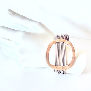 Open Oval matte gold Taupe Magnetic statement Bracelet  Multi-Strand Leather 7"